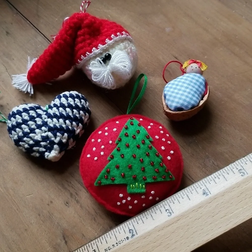Ornaments Christmas Holiday Handmade Set Crochet Santa Heart Folkart Old Fashion